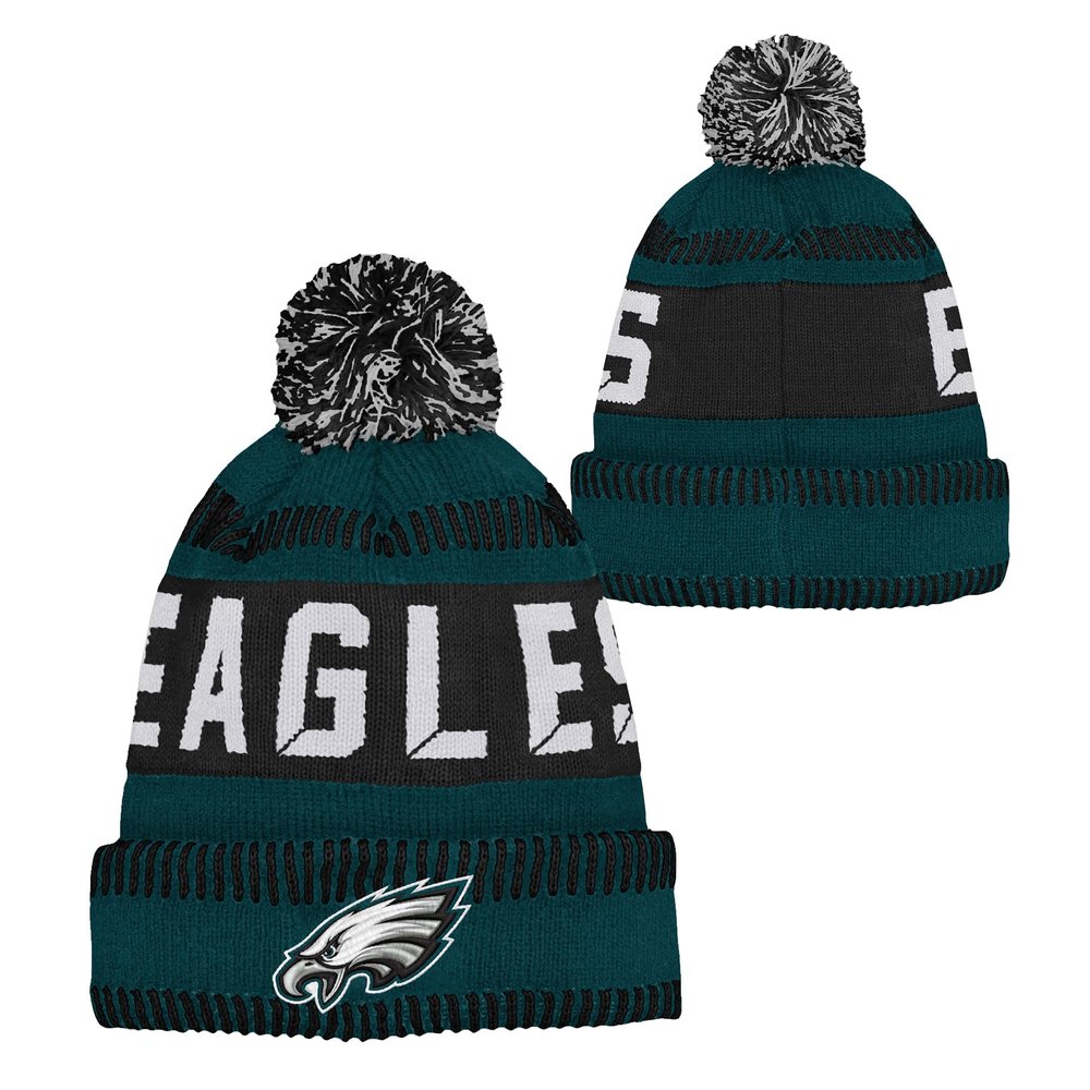 Outerstuff NFL Kids Youth 8-20 One Size Team Color Primary Logo Official Sports Tech Knit Cold Weather Football Pom Beanie Hat - Philadelphia Eagles
