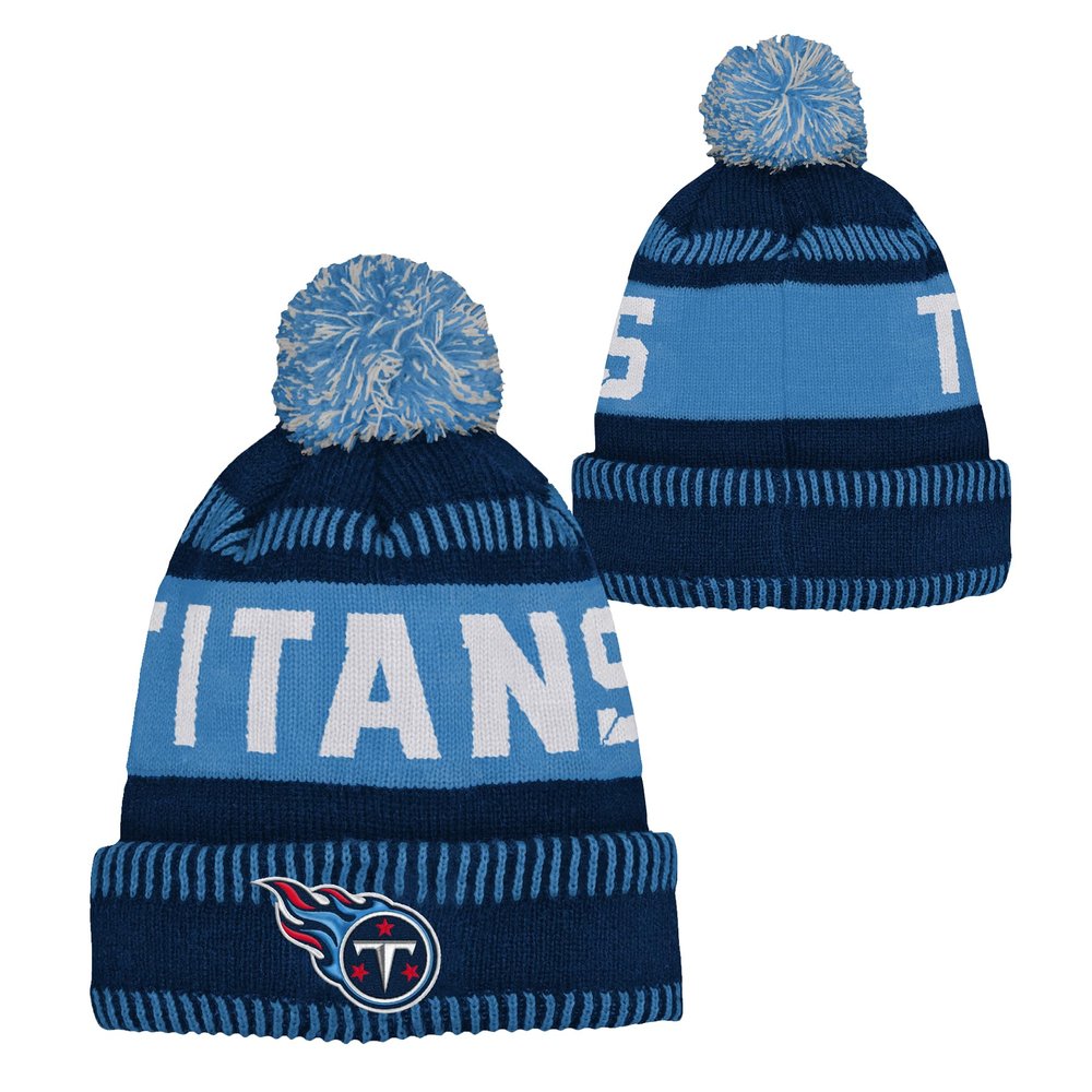 Outerstuff NFL Kids Youth 8-20 One Size Team Color Primary Logo Official Sports Tech Knit Cold Weather Football Pom Beanie Hat - Tennessee Titans