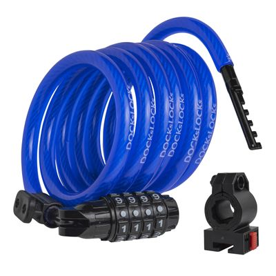 DocksLocks Security Cable Lock Set (4' or 6') Coiled, Keyless Resettable Combination, Mounting Bracket, Portable and Compact for Bikes, Scooters 6ft