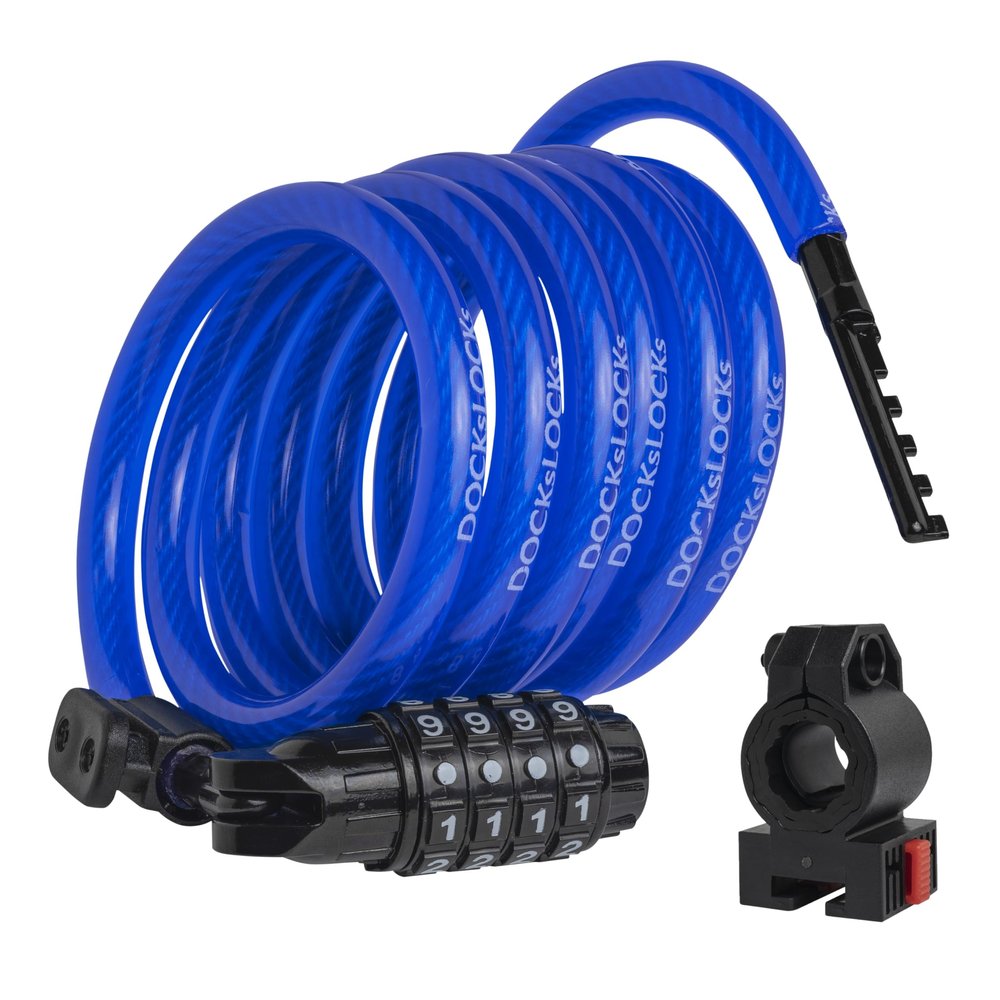 DocksLocks Security Cable Lock Set (4' or 6') Coiled, Keyless Resettable Combination, Mounting Bracket, Portable and Compact for Bikes, Scooters 6ft