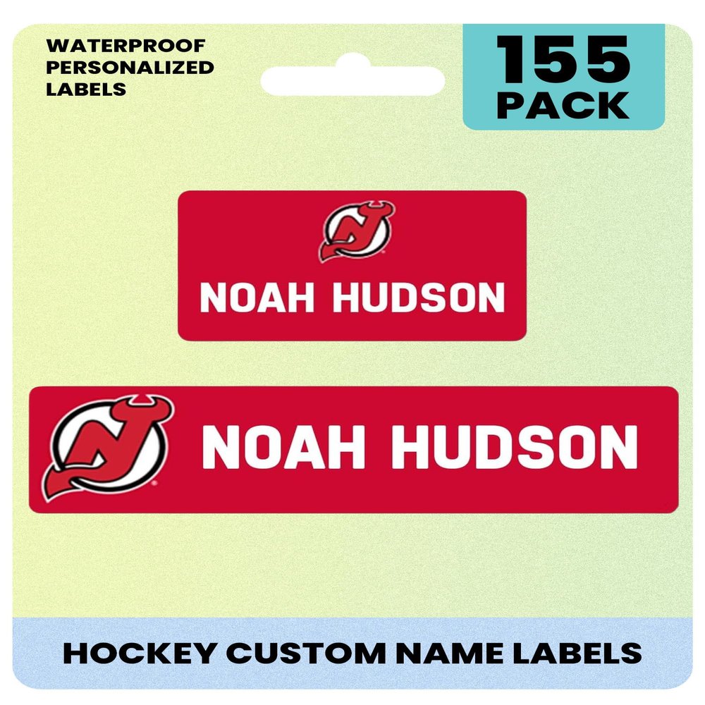 Label Daddy Hockey Labels - Customize Waterproof Name Labels for School Supplies, Clothing, Bottles, Day Camp, Sports & Organization - Peel and Stick Durable Labels - 155 Pack | New Jersey Devils