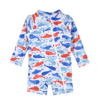 Flap Happy Newborn/Toddler One Piece Swimsuit | UPF 50+ Sun Protective Rash Suit | Sustainably Made from Recycled Plastic Bottles | Girls and Boys Shorty Surf Swimsuit, Splish Splash Whale Blue, 12m