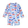 Flap Happy Newborn/Toddler One Piece Swimsuit | UPF 50+ Sun Protective Rash Suit | Sustainably Made from Recycled Plastic Bottles | Girls and Boys Shorty Surf Swimsuit, Splish Splash Whale Blue, 12m view 1