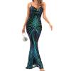 NATHGAM Womens Sexy Deep V Neck Spaghetti Straps Sequin Sleeveless Formal Mermaid Prom Dress Bodycon Backless Maxi Ball Gowns Green view 4