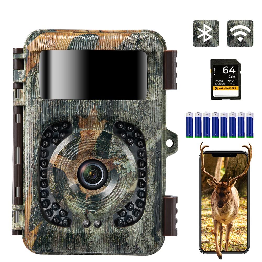 K&F CONCEPT 4K 48MP WiFi Trail Camera, Bluetooth Game Camera with No Glow Night Vision Motion Activated Waterproof, 0.2s Trigger Time, 120 Wide-Angle, 2.4'' LCD for Outdoor Wildlife Monitoring
