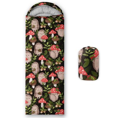 AILONEN Camping Sleeping Bags for Adults Kids - Mushroom & Cute Hedgehog Print Slumber Bag 3 Season Warm & Cold Weather Camping Travel Girls Women Outdoor Travelling - Lightweight & Waterproof