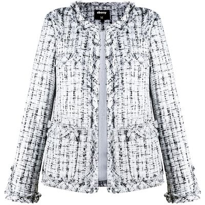 ebossy Women's Elegant Open Front Round Neck Fringed Plaid Tweed Jacket (Small, White)