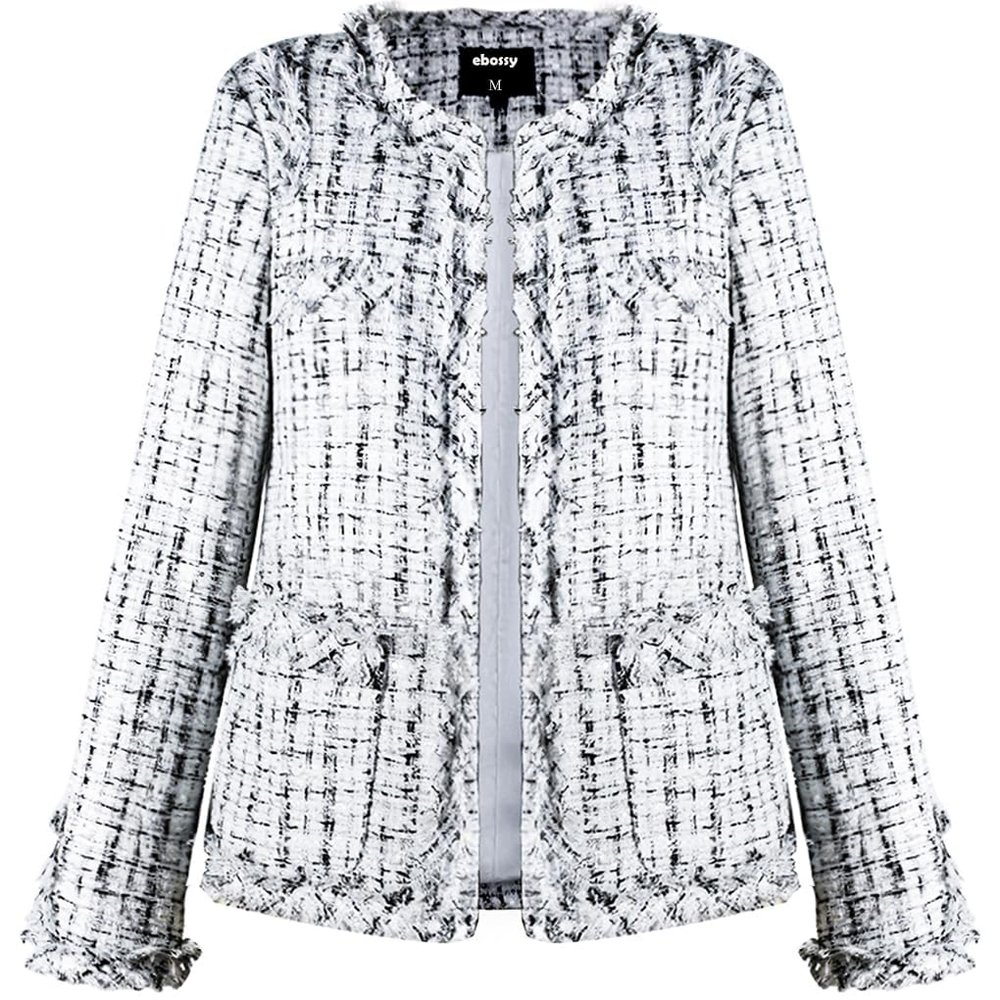 ebossy Women's Elegant Open Front Round Neck Fringed Plaid Tweed Jacket (Small, White)