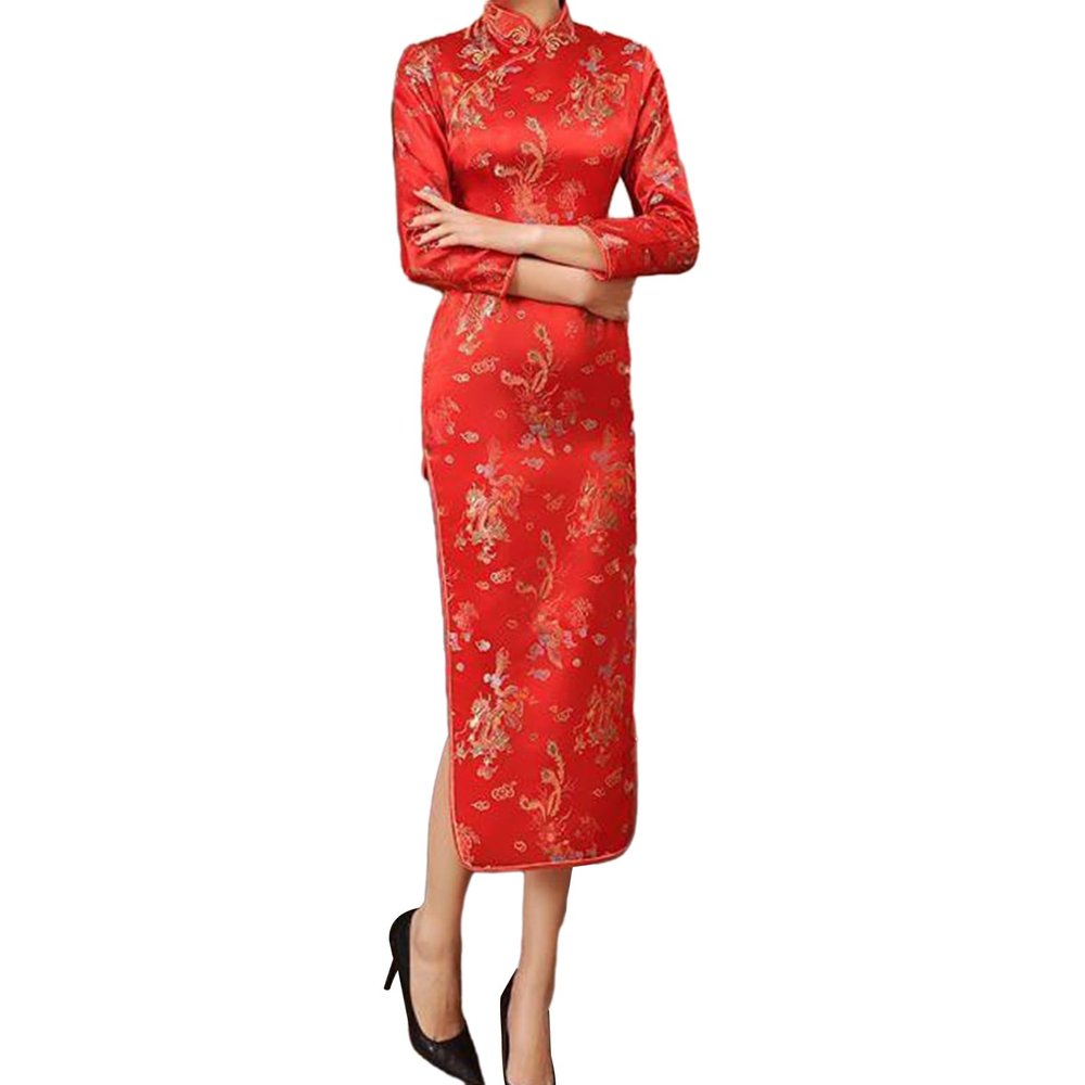 Altsuceser Women Cheongsam Mandarin Collar High Slits Long Sleeve Dress Floral Chinese Traditional Dress Qipao B L