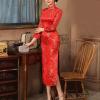 Altsuceser Women Cheongsam Mandarin Collar High Slits Long Sleeve Dress Floral Chinese Traditional Dress Qipao B L view 2