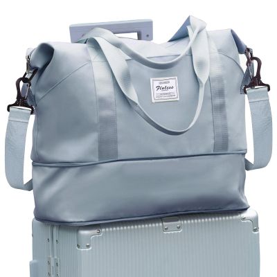 Travel Bag, Waterproof Duffel Gym Tote Bag, Weekender Carry On Overnight Bags for Women with Trolley Sleeve Wet Pocket, Travel Duffel Bags Hospital Bag, Grey Blue