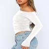 Darong Women's Casual Boat Neck Off Shoulder Long Sleeve Slim Fit Crop Top Going Out Shirts Y2K Tight T Shirts 9026 White Large view 3