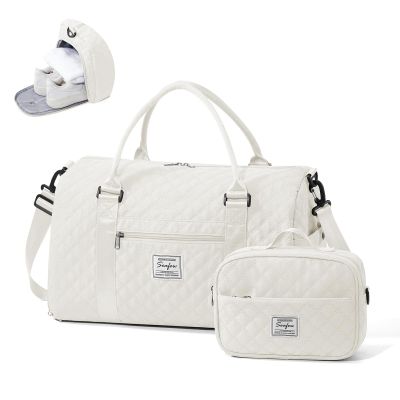 Gym Duffle Bag for Women with Shoe Compartment Waterproof Travel Tote Bags Personal Item Carry On Weekender Overnight Bags with Toiletry Bag Swimming Yoga Bags Hospital Holdalls Beige
