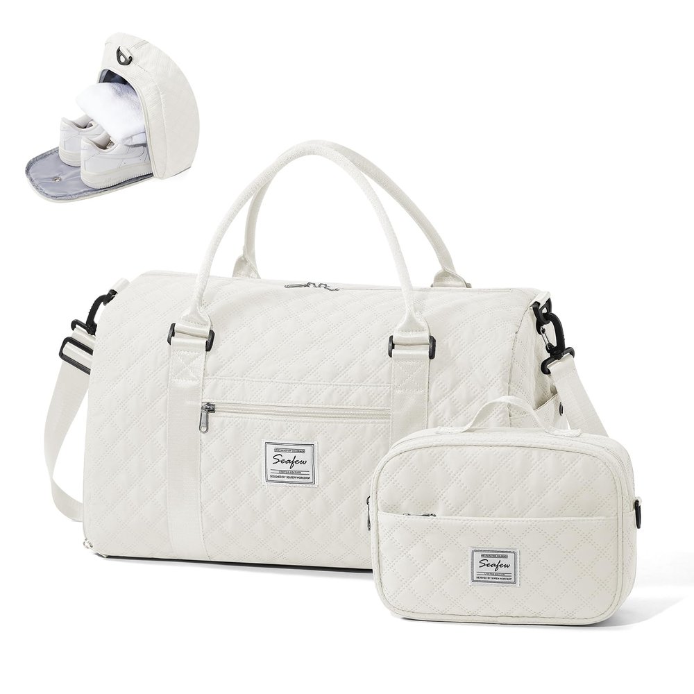 Gym Duffle Bag for Women with Shoe Compartment Waterproof Travel Tote Bags Personal Item Carry On Weekender Overnight Bags with Toiletry Bag Swimming Yoga Bags Hospital Holdalls Beige
