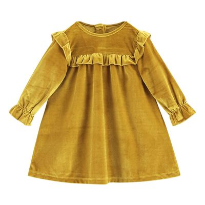 AFAVOM Toddler Baby Girls Velvet Tutu Dress Kids Long Sleeve Christmas Birthday Party Dresses Little Princess Pageant Flower Girl Wedding Formal Gown Winter Fall Clothes Yellow Ruffle 6-7 Years