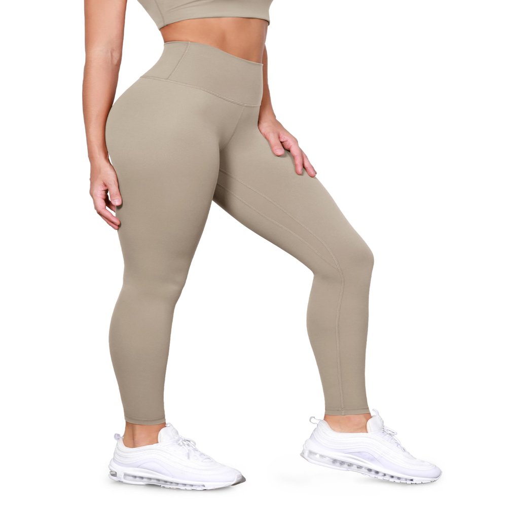 ODODOS Tummy Control Full Length Compression Leggings with Inner Pocket for Women, 28" High Waist Workout Running Yoga Pants, Shaker Beige, Small