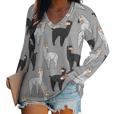 Funny Black and Grey Llama Women's Sweatshirt V Neck Long Sleeve Shirts Pullover Blouses Casual T-Shirt Tops L