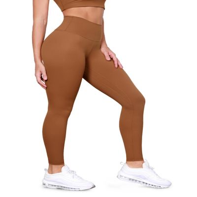 ODODOS Tummy Control Full Length Compression Leggings with Inner Pocket for Women, 28" High Waist Workout Running Yoga Pants, Caramel, X-Small