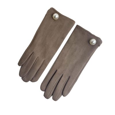 Women's Autumn Winter Gloves Warm Lined Touch Screen Driving Gloves Hand-stitched Pearls Suede Wrist Mitten Female (Color : Khaki)