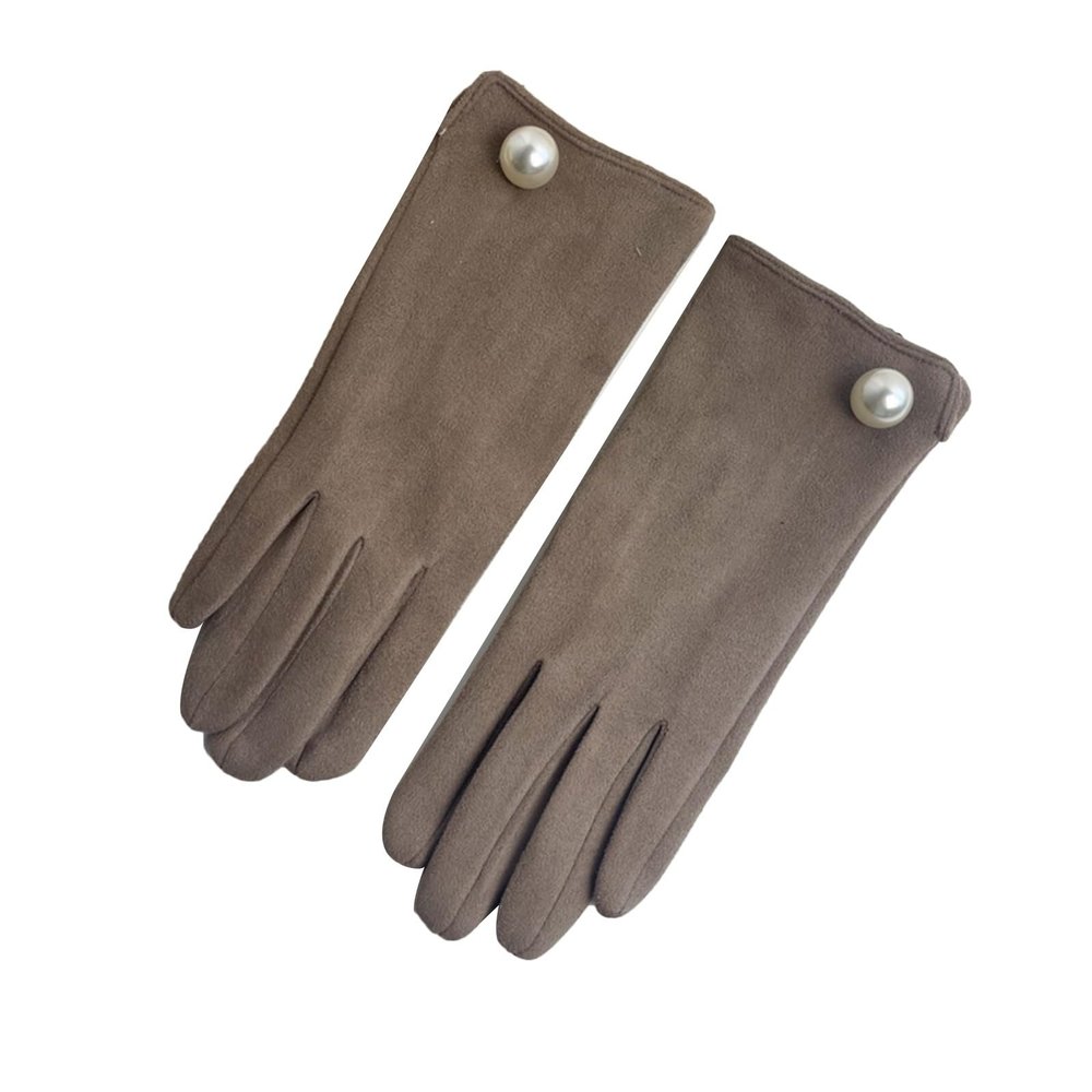 Women's Autumn Winter Gloves Warm Lined Touch Screen Driving Gloves Hand-stitched Pearls Suede Wrist Mitten Female (Color : Khaki)