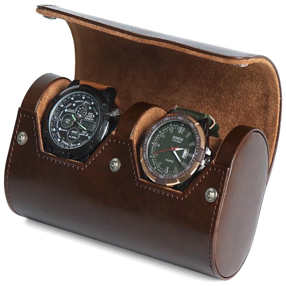 Bonaking Premium Leather Travel Case, Variable Size Pillow Design, Roll Organizer for Men and Women, Brown 2 Slot Portable Storage Box With Faux Suede Fabric Lining