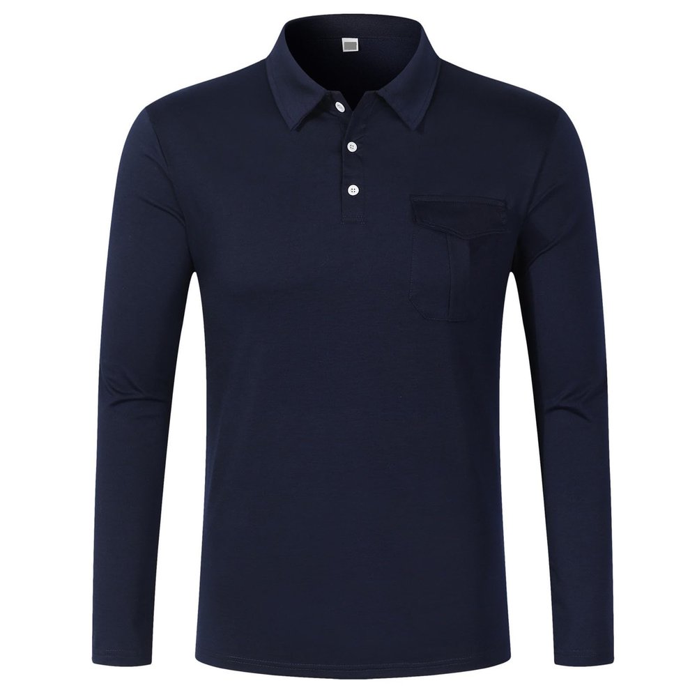 Men's Long Sleeve Golf Polo Shirts 3 Button Performance Lapel Collar Casual Tops Lightweight Outdoor Hiking Sport Shirt Navy