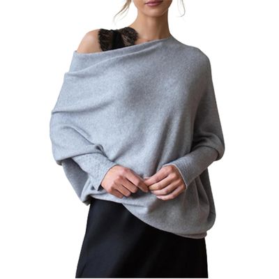 Asymmetric Draped Jumper, Casual Batwing Sleeve Knit SweaterOff The Shoulder Sweater Slouchy Knit Pullover (D)