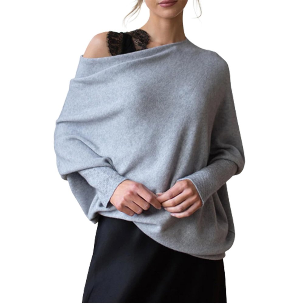 Asymmetric Draped Jumper, Casual Batwing Sleeve Knit SweaterOff The Shoulder Sweater Slouchy Knit Pullover (D)