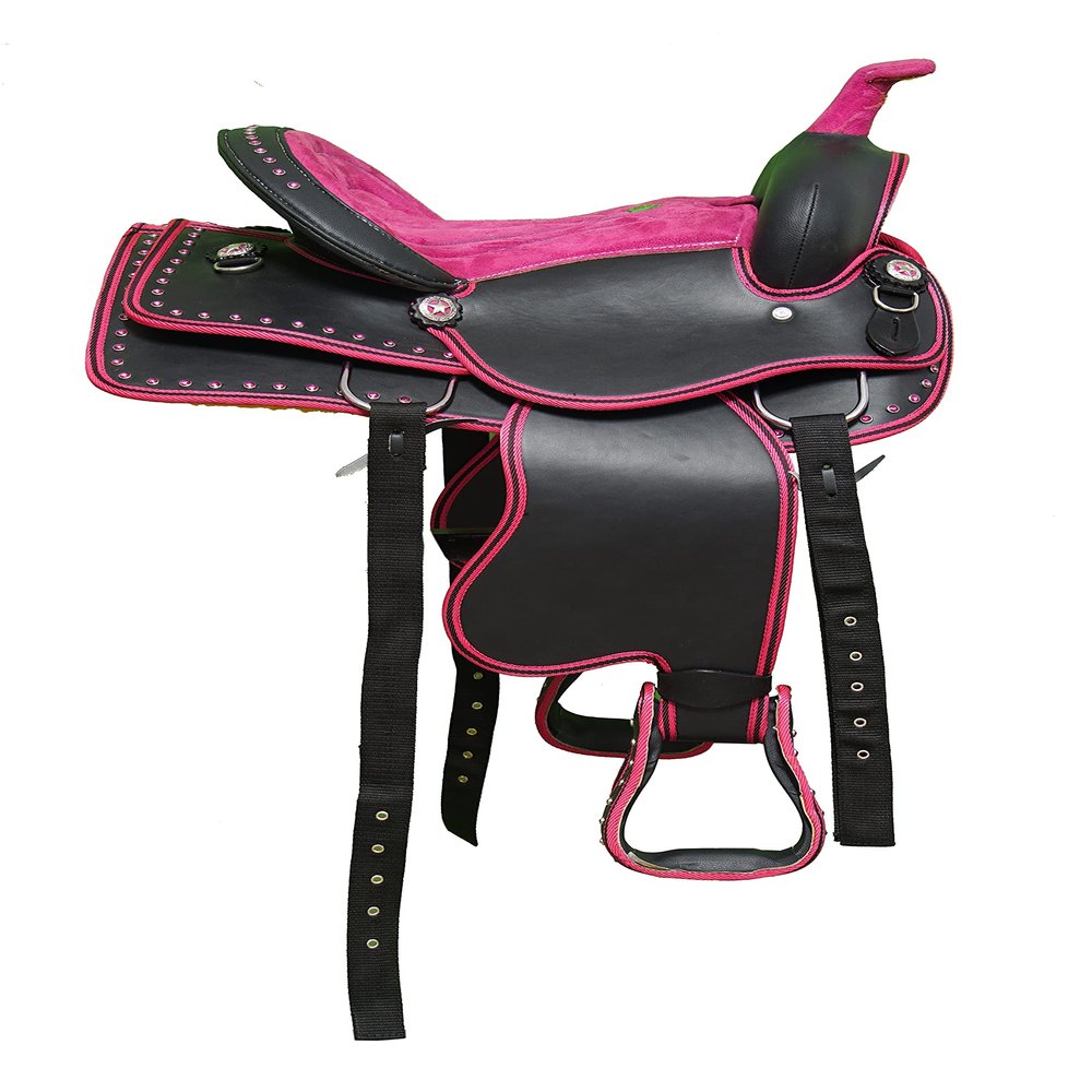 Y&Z Enterprises Western Barrel Racing Horse Saddle Synthetic with Tack Set (Headstall Breastplate Rein) and Saddle Pad Available Seat Size 12" and 14" to 18" Inch (Black & Pink, 17" Inches)