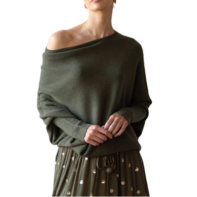 Asymmetric Draped Jumper, Casual Batwing Sleeve Knit SweaterOff The Shoulder Sweater Slouchy Knit Pullover (A)