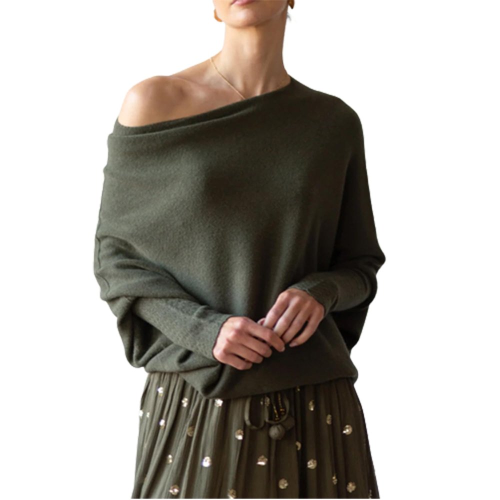 Asymmetric Draped Jumper, Casual Batwing Sleeve Knit SweaterOff The Shoulder Sweater Slouchy Knit Pullover (A)