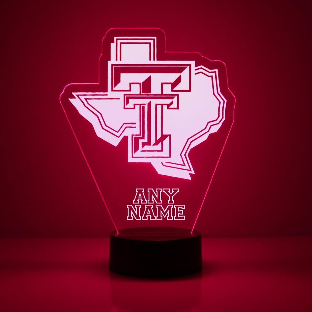 Custom Texas Tech University Red Raiders Logo LED Sign Night Light Lamp with Remote and Personalized Name or Image, Officially Licensed from the CLC by Mirror Magic Gifts, Made in the USA
