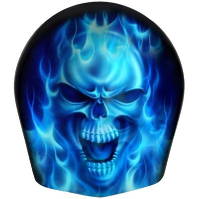AMERICAN FREEDOM Custom Aluminum Cowbell Horn Cover for Harley Davidson - Blue Flame Skull (Matte Finish, 1993+ Touring & Trike Models)