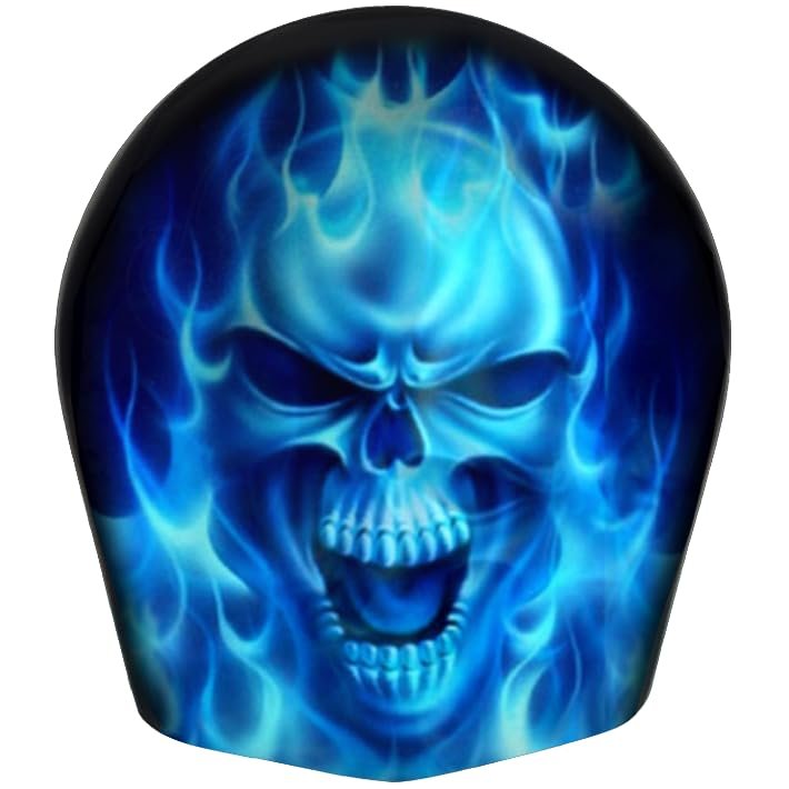 AMERICAN FREEDOM Custom Aluminum Cowbell Horn Cover for Harley Davidson - Blue Flame Skull (Matte Finish, 1993+ Touring & Trike Models)