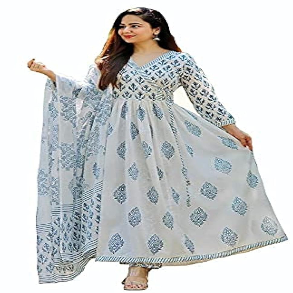 Meera Fab Women's Cotton Printed White Anarkali Kurta with Palazzo & Dupatta Set XXX-Large BLUE