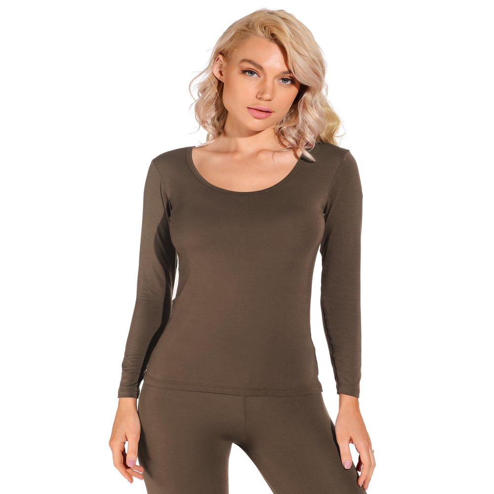 Liang Rou Women's Crew Neck Long Sleeve Ultrathin Modal Thermal Underwear Shirt/Top Coffee Brown Medium