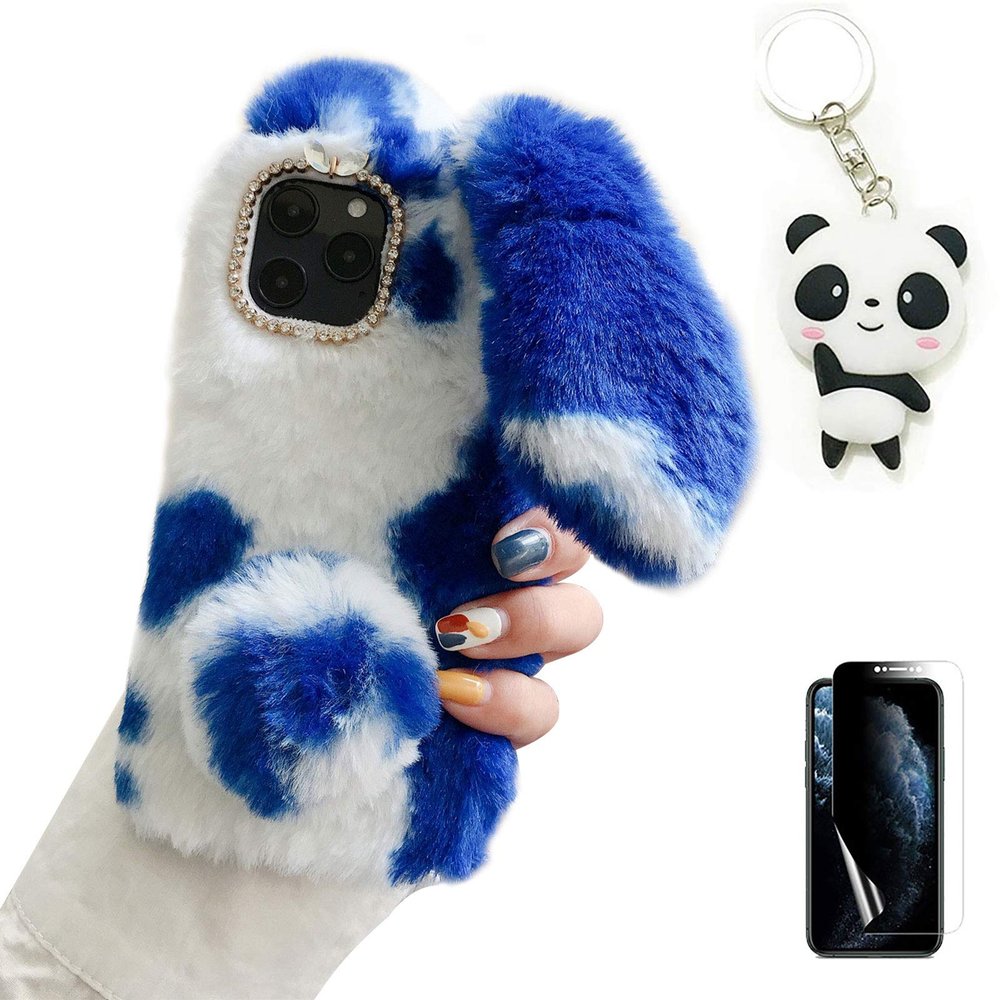 Palizufio Plush Rabbit Case for iPhone 15 Pro Max 6.7",Cute Furry Bunny Ears Hairball Soft Fluffy Winter Warm Case Faux Fur Glitter Diamond Rhinestone Silicone Cover,Blue White