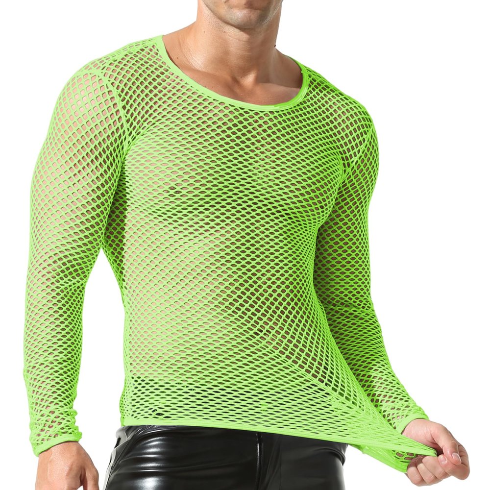 DTODWW Men's Fishnet Hollow Out T-Shirt Long Sleeve See Through Sexy Undershirt Round Neck Mesh Crop Muscle Top Tee Y-Green