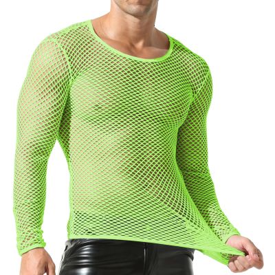 DTODWW Men's Fishnet Hollow Out T-Shirt Long Sleeve See Through Sexy Undershirt Round Neck Mesh Crop Muscle Top Tee Y-Green