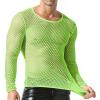 DTODWW Men's Fishnet Hollow Out T-Shirt Long Sleeve See Through Sexy Undershirt Round Neck Mesh Crop Muscle Top Tee Y-Green view 1