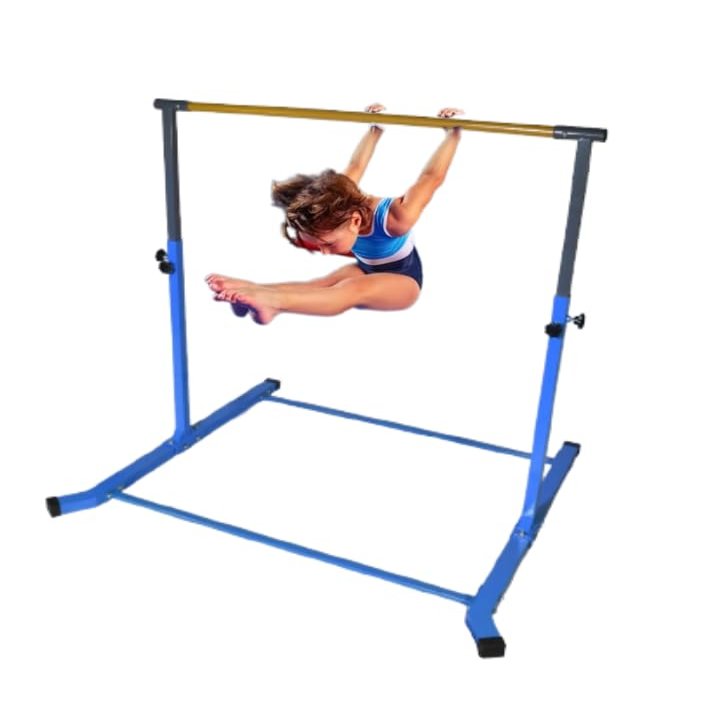 Iron Bar Gymnastic Kip Bar for Kids, Extends from 3 FT to 5 FT, Adjustable Height, Robust Curved Legs for Junior Gymnastics Home Training Equipment (Blue)