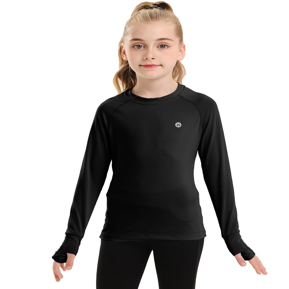 Girls Long Sleeve Shirt SPF Active Tee Workout Running Yoga Pullover Tops with Thumb Holes Black 7-8years
