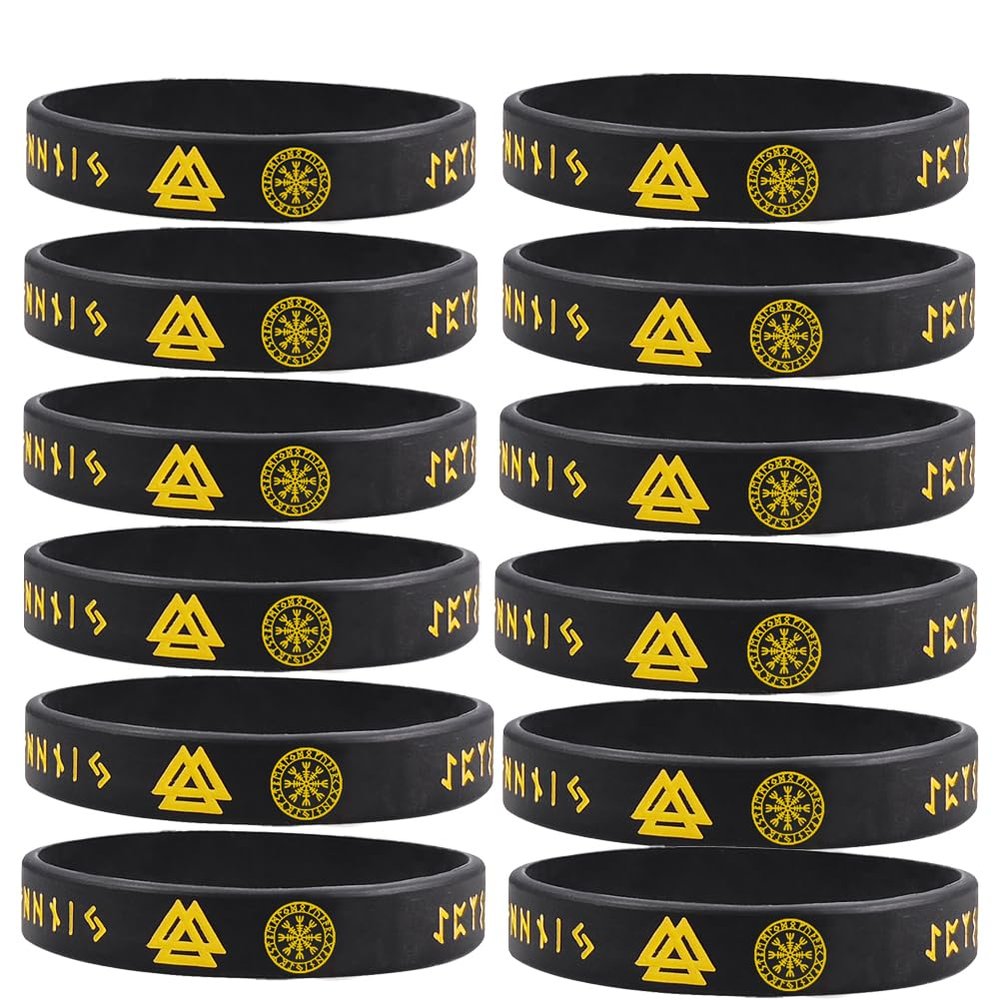 12 Packs Viking Runes Bracelet for Men Women,Nordic Viking Runes Alphabet Valknut Rubber Wristbands Water-proof Silicone Viking Norse Bracelets Norse Mythology Jewelry Viking Amulet Gift