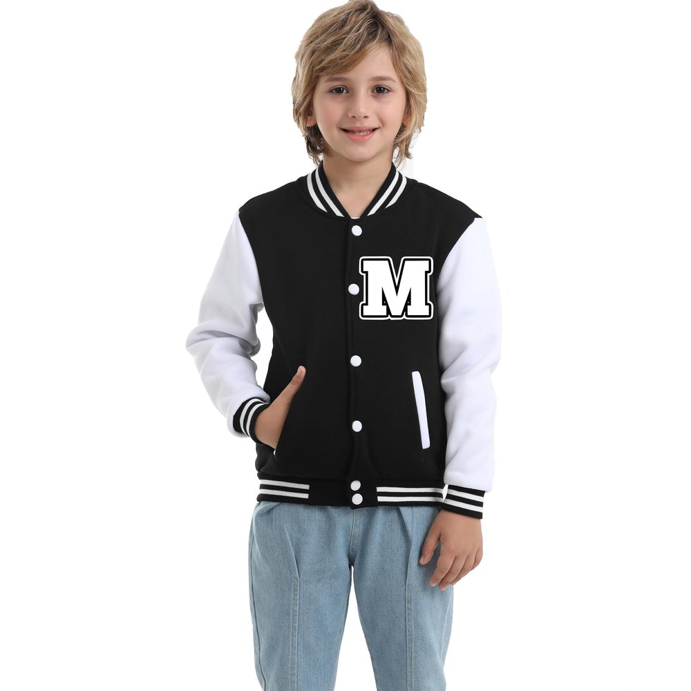 Icibgds Kids Baseball Jacket Letter Print Boys Girls Varsity Coat Casual Lightweight School Uniform With Button (Black-M,12 Years)