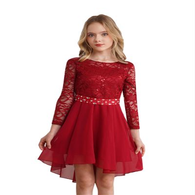 Hularka Kids Girls Floral Lace Chiffon Wedding Bridesmaid Dresses Shiny Rhinestones Flower Girl High-Low Dress Burgundy 12 Years