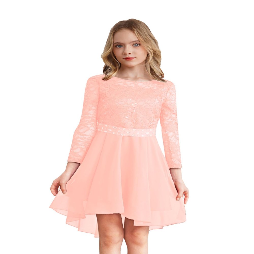 YOOJIA Kids Flower Girl Lace Chiffon Dress Long Sleeve High-Low Hem Junior Bridesmaid Dresses Proms Ball Gown Pink 8 Years