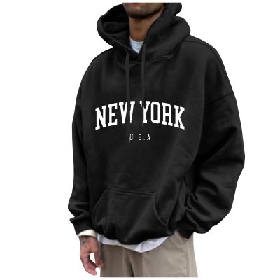 Men's Letter Graphic Print Hoodie Casual Long Sleeve Pullover Oversize New York Sweatshirt Pocket Drawstring Top Trendy Clothes For Men Long Sleeve Lightweight Hoodie Men,(Black,4XL)