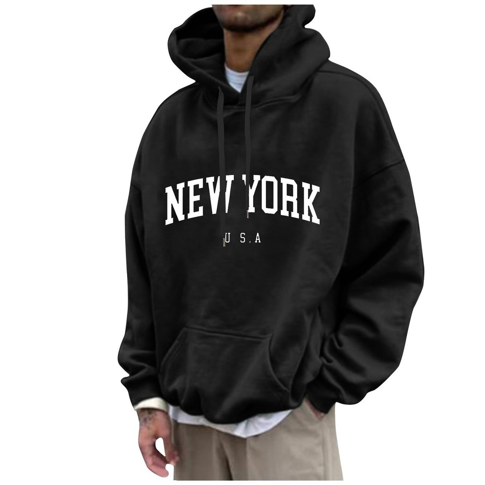 Men's Letter Graphic Print Hoodie Casual Long Sleeve Pullover Oversize New York Sweatshirt Pocket Drawstring Top Trendy Clothes For Men Long Sleeve Lightweight Hoodie Men,(Black,4XL)