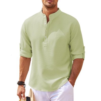 Maiyifu-GJ Men'a Casual Henley Shirts Band Collar Long Sleeve Beach Hippie T Shirts Business Striped Shirts (Large,Green)