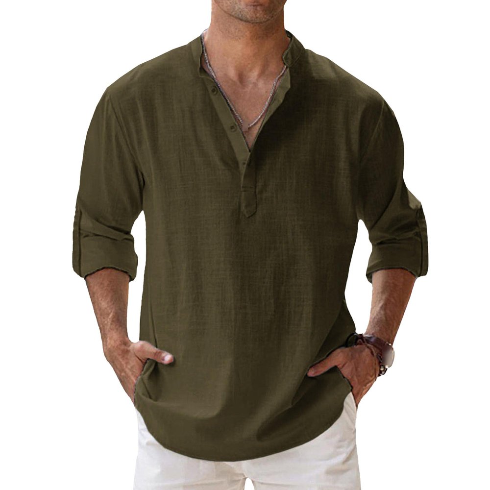 Maiyifu-GJ Men's Linen Cotton Henley Shirt Casual Roll-Up Long Sleeve Basic Shirt Band Collar Plain Blouse Tee (XX-Large,Army Green 2)